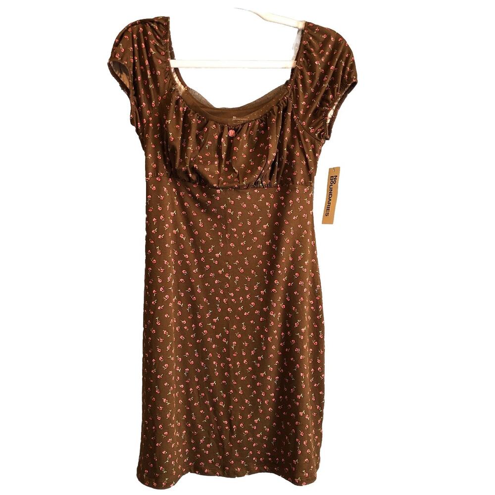 No Boundaries Dress Women XS Brown Peasant Floral Short‎ Sleeve Boho Cottage